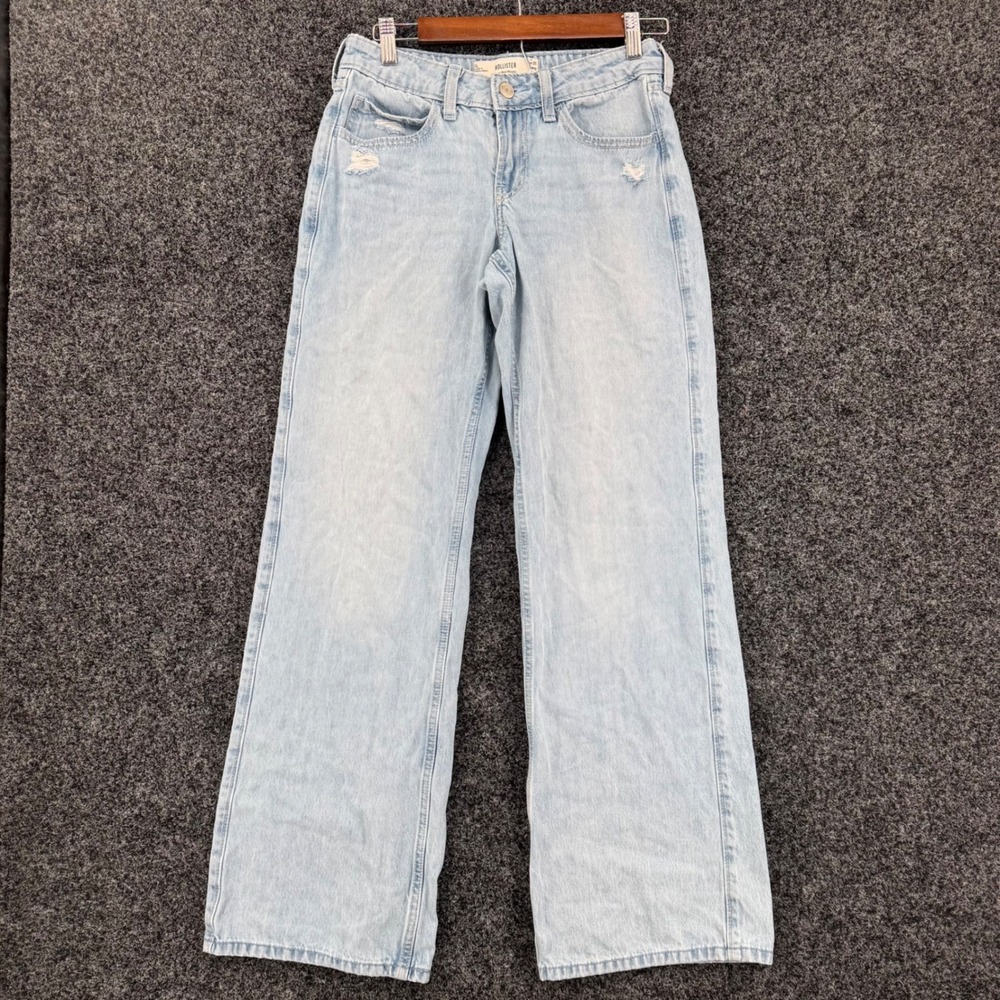 Hollister Low-Rise Baggy Jeans Light Wash Distressed Wide Leg Denim W25 Long